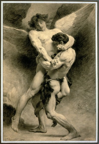 天使とのジェイコブレスリングの研究、1876年（紙に鉛筆と黒チョーク） 作： Leon Joseph Florentin Bonnat